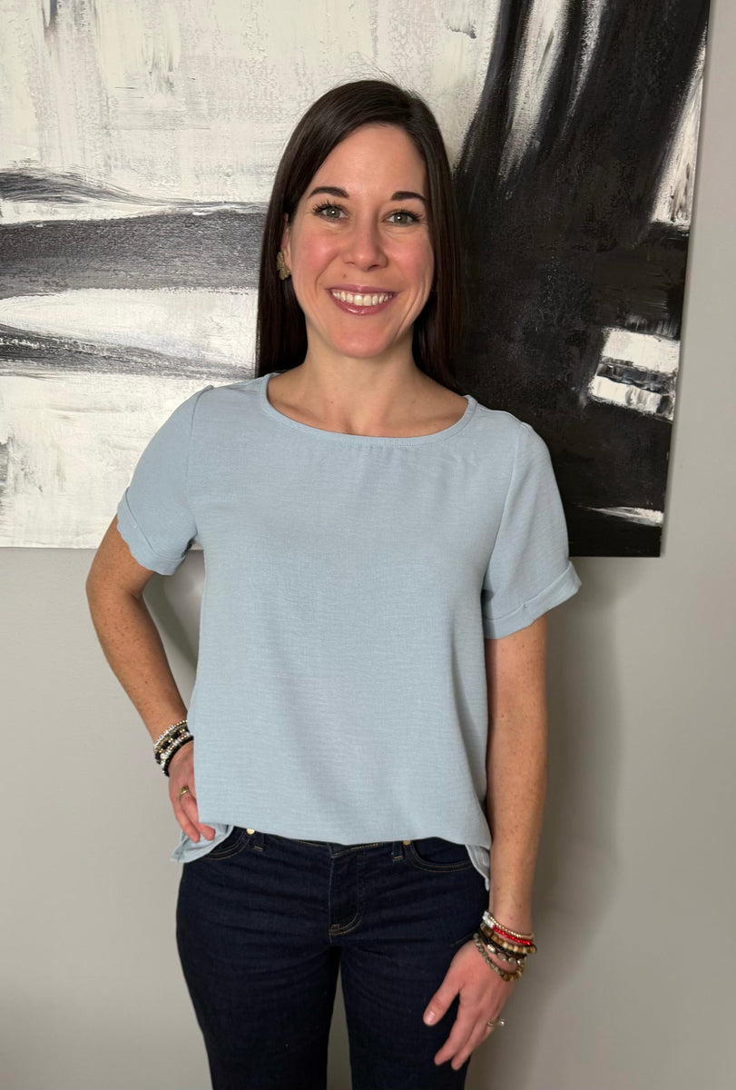 Elbow Sleeve Round Neck Top - Flossy