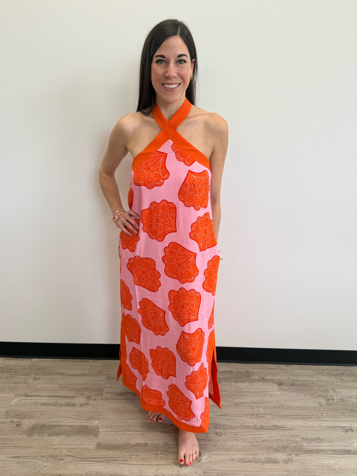 shell halter dress Entro Print Maxi Pink stretch knit fabric Mini Delicate Lace Ruffle Halter US Size:Mom 3Xl RSH-07.10.25