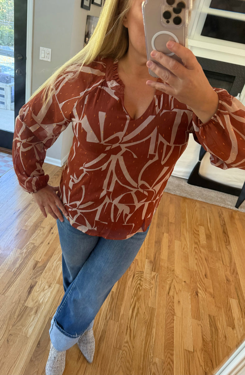 Rust Ruffle Detail Abstract Top – Kasey's Closet - A Kasey Collings Company