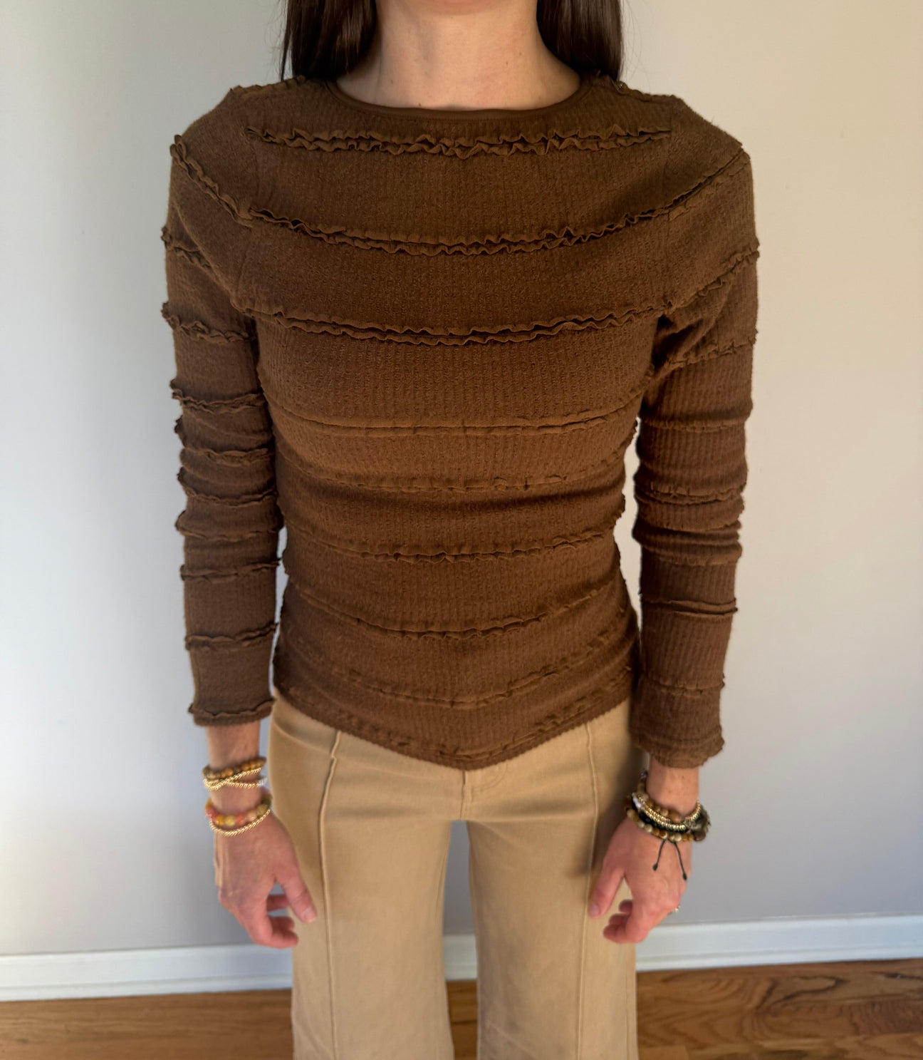 Boat Neck Long Bell Sleeve Brushed Lace Top