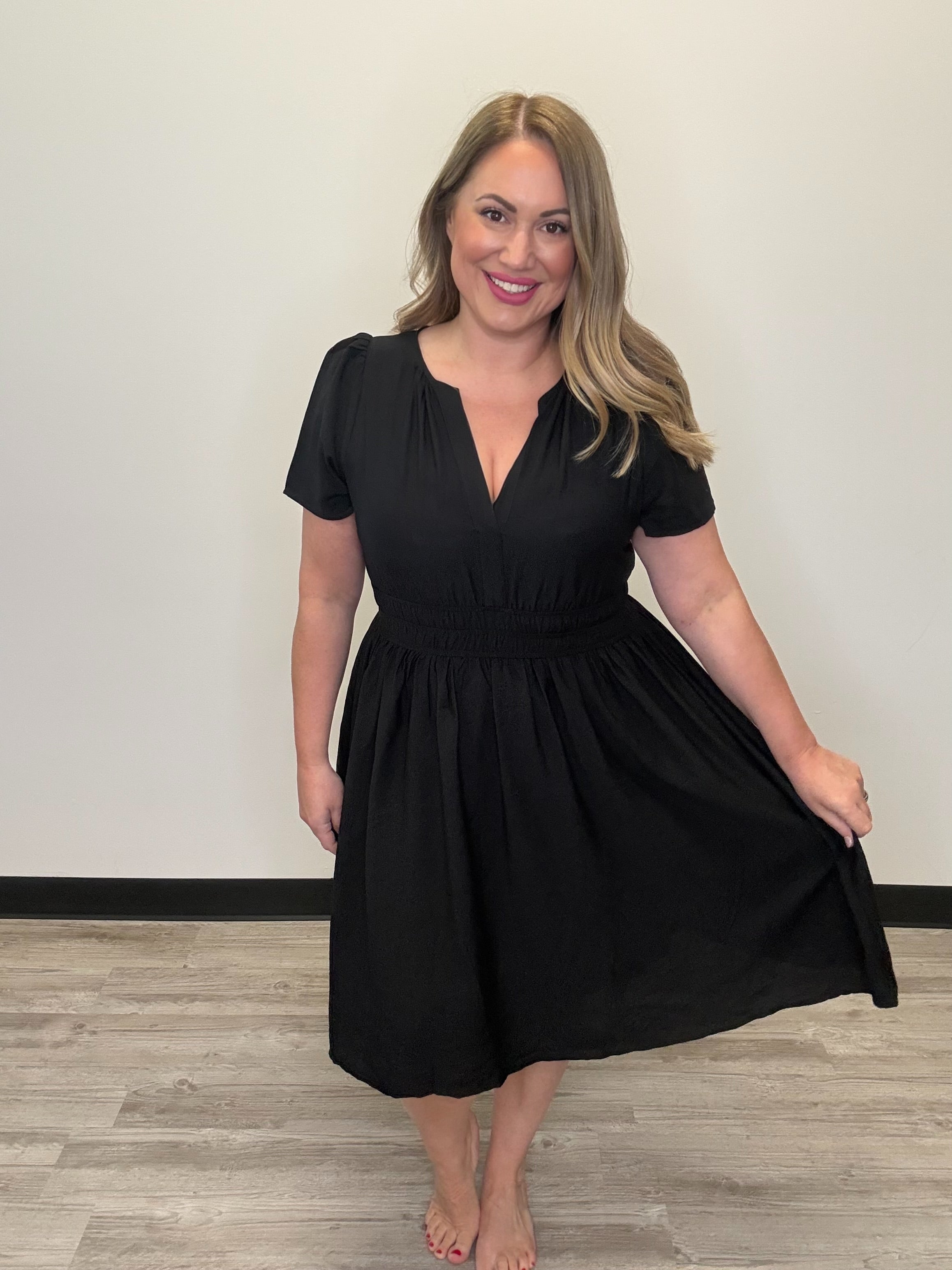 For The Moment Split Neck Elastic Waist Dress – Kasey's Closet